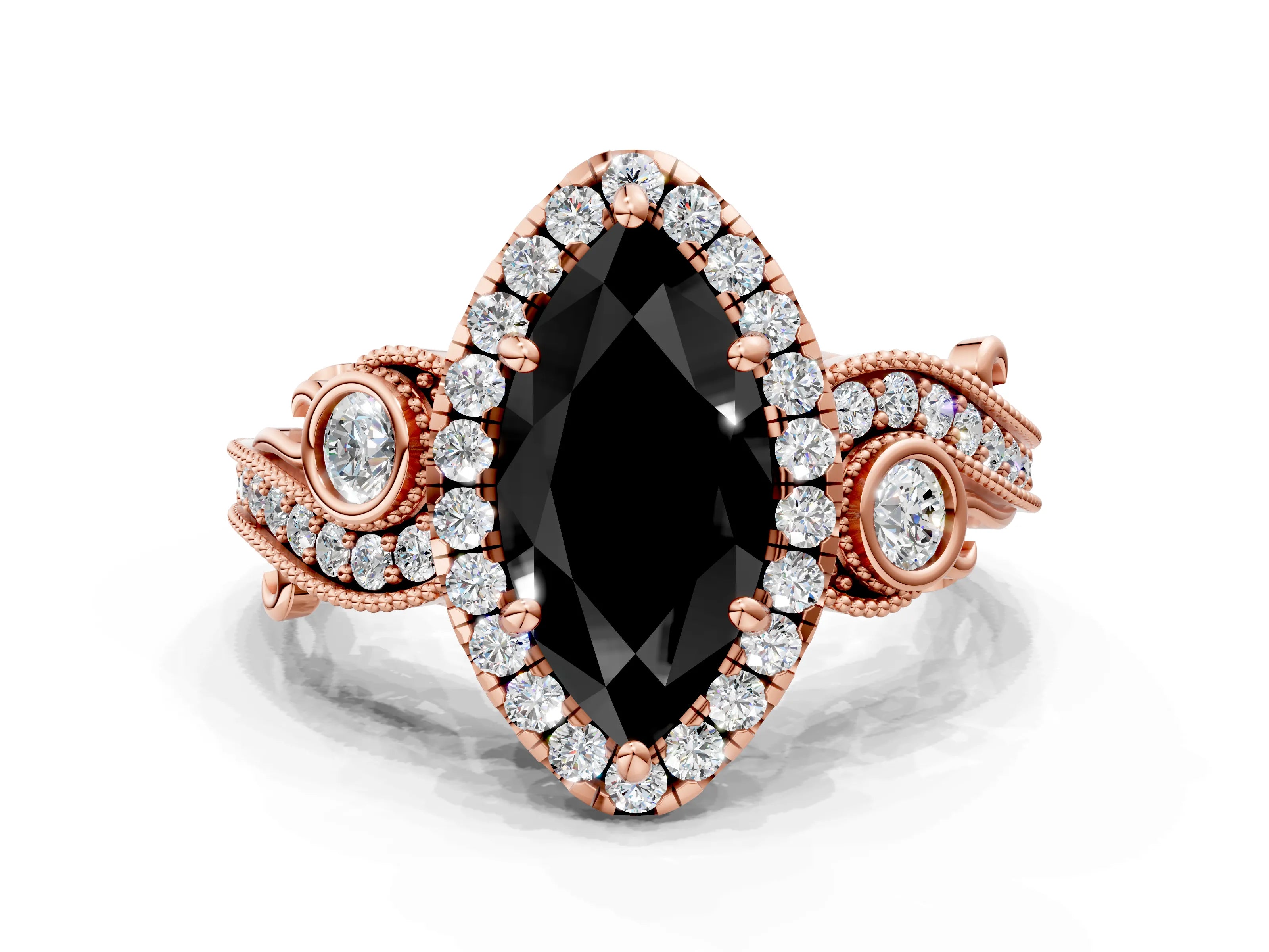 Rose gold Fancy Black Marquise Cut Halo Diamond Ring with Milgrain and Bezel Accents on a Split Shank Band