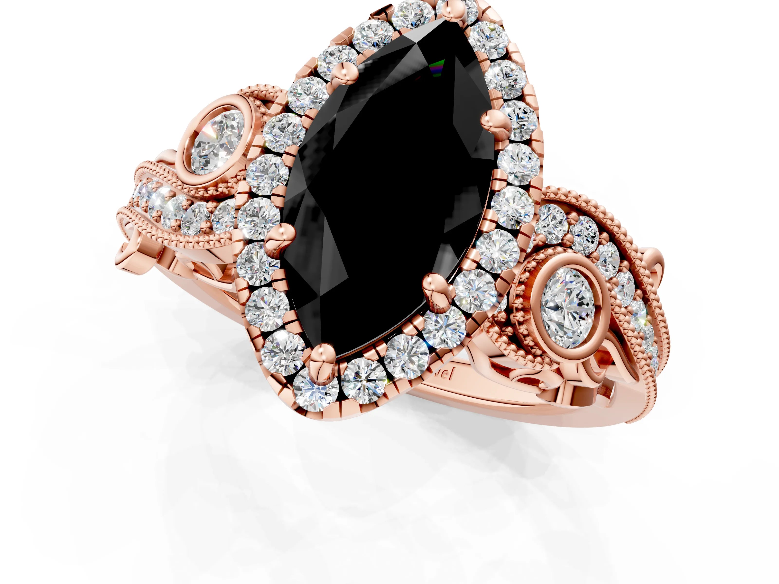 Rose gold Fancy Black Marquise Cut Halo Diamond Ring with Milgrain and Bezel Accents on a Split Shank Band_1