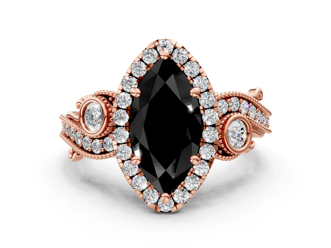Rose gold Fancy Black Marquise Cut Halo Diamond Ring with Milgrain and Bezel Accents on a Split Shank Band_12