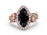 Rose gold Fancy Black Marquise Cut Halo Diamond Ring with Milgrain and Bezel Accents on a Split Shank Band_12