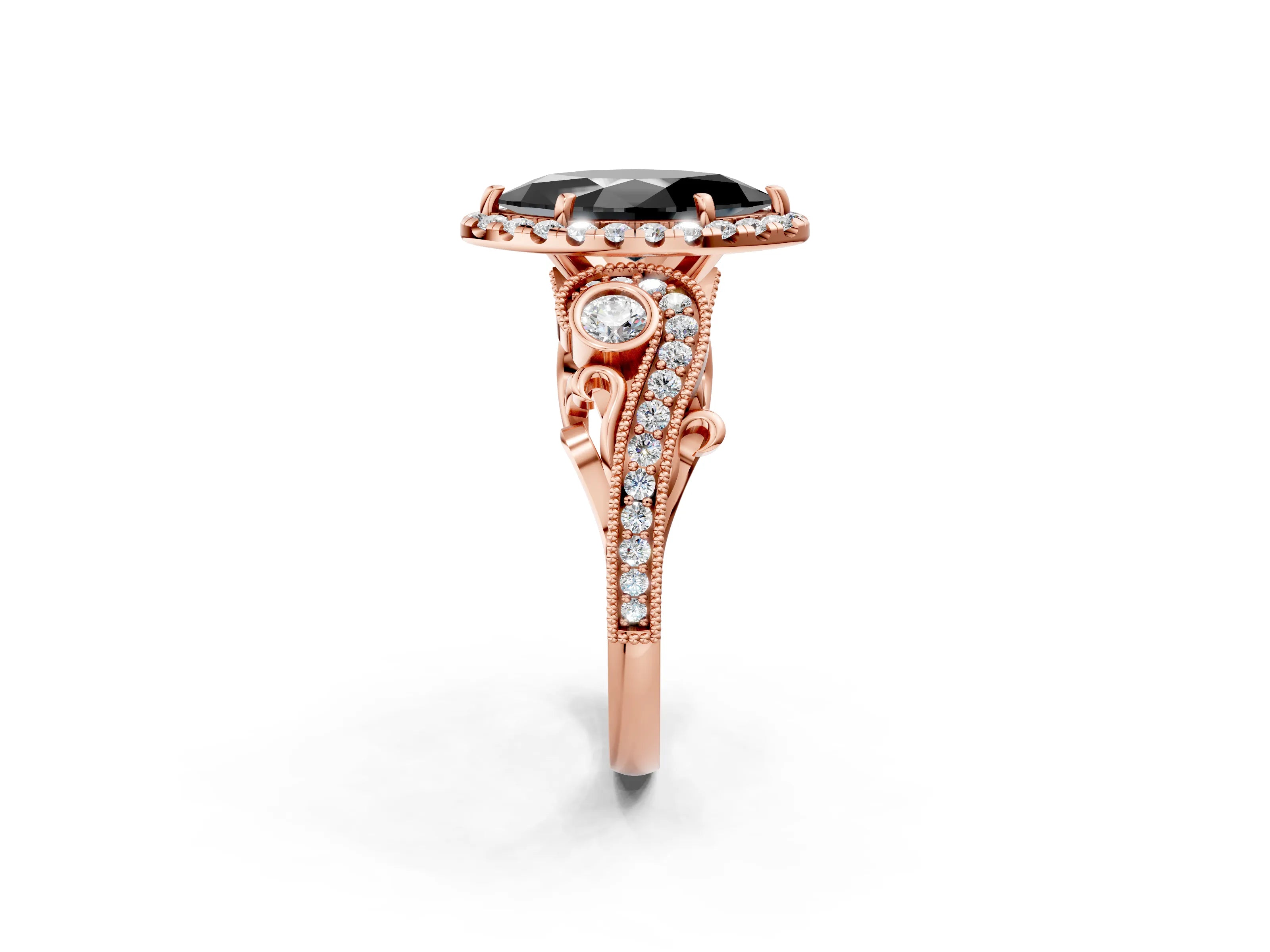 Rose gold Fancy Black Marquise Cut Halo Diamond Ring with Milgrain and Bezel Accents on a Split Shank Band_2