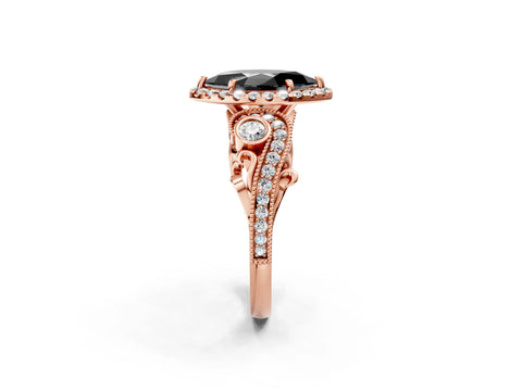 Rose gold Fancy Black Marquise Cut Halo Diamond Ring with Milgrain and Bezel Accents on a Split Shank Band_2