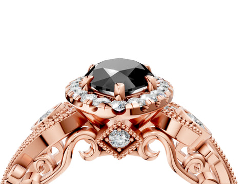 Rose gold Fancy Black Marquise Cut Halo Diamond Ring with Milgrain and Bezel Accents on a Split Shank Band_4