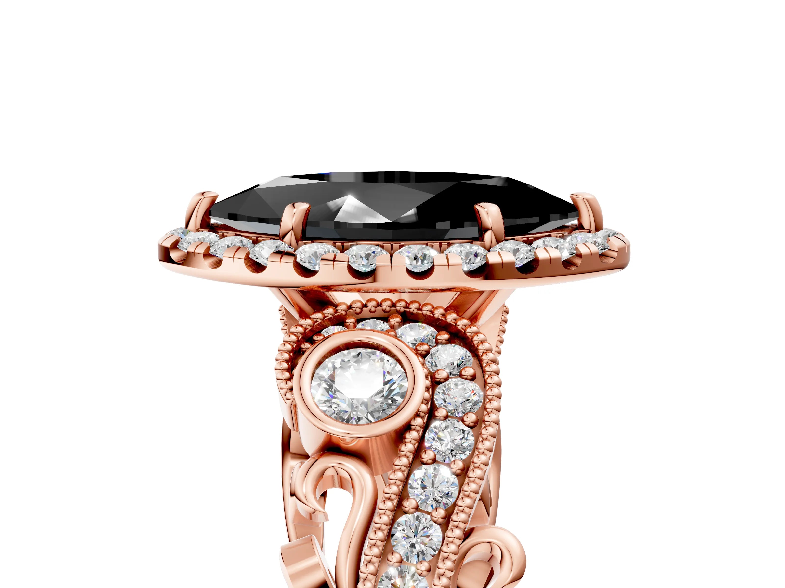 Rose gold Fancy Black Marquise Cut Halo Diamond Ring with Milgrain and Bezel Accents on a Split Shank Band_5