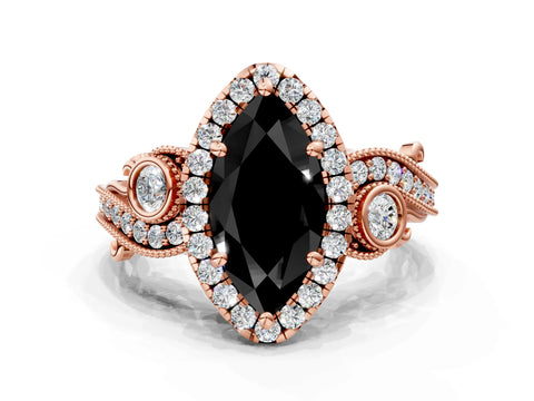 Rose gold Fancy Black Marquise Cut Halo Diamond Ring with Milgrain and Bezel Accents on a Split Shank Band
