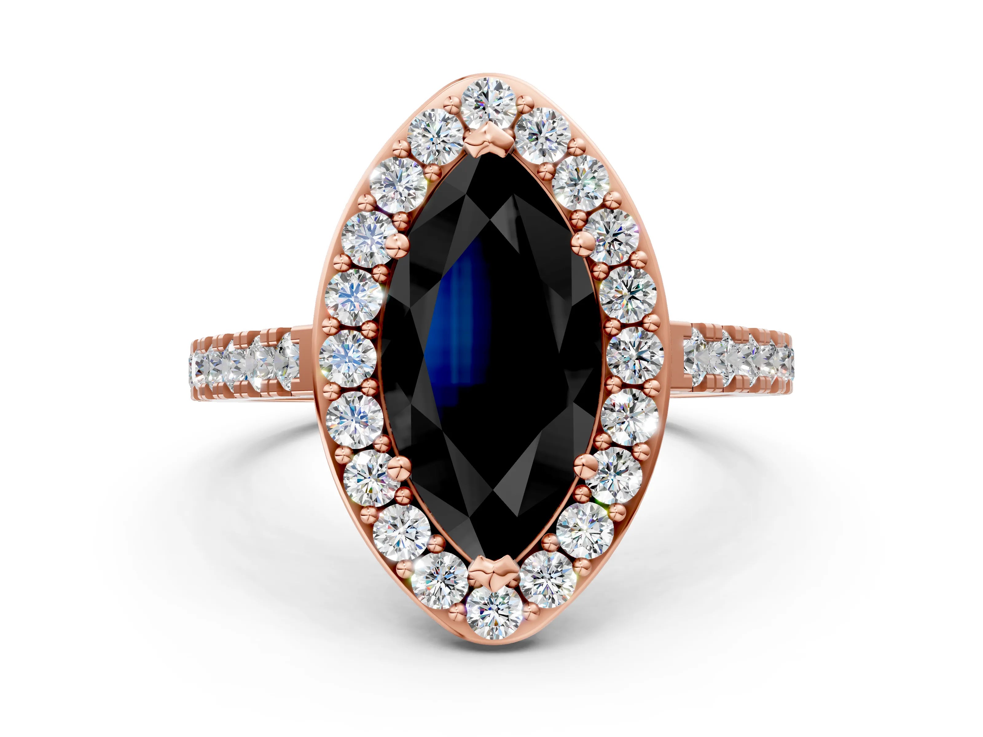 Rose gold Fancy Black Marquise Cut Halo Diamond Ring with Pavé Band and Three-Prong Setting