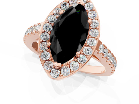 Rose gold Fancy Black Marquise Cut Halo Diamond Ring with Pavé Band and Three-Prong Setting_1