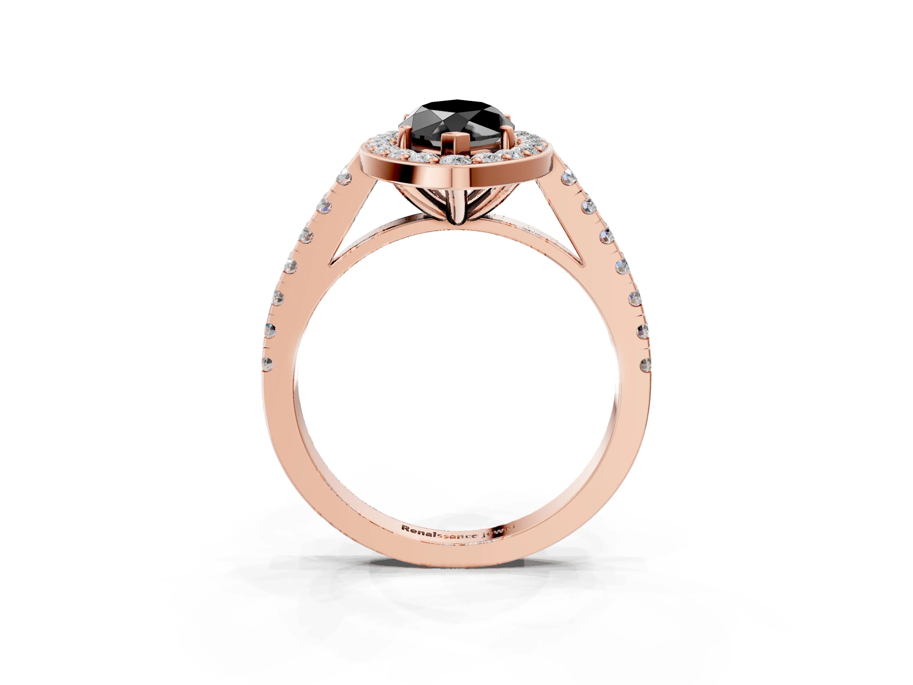 Rose gold Fancy Black Marquise Cut Halo Diamond Ring with Pavé Band and Three-Prong Setting_3
