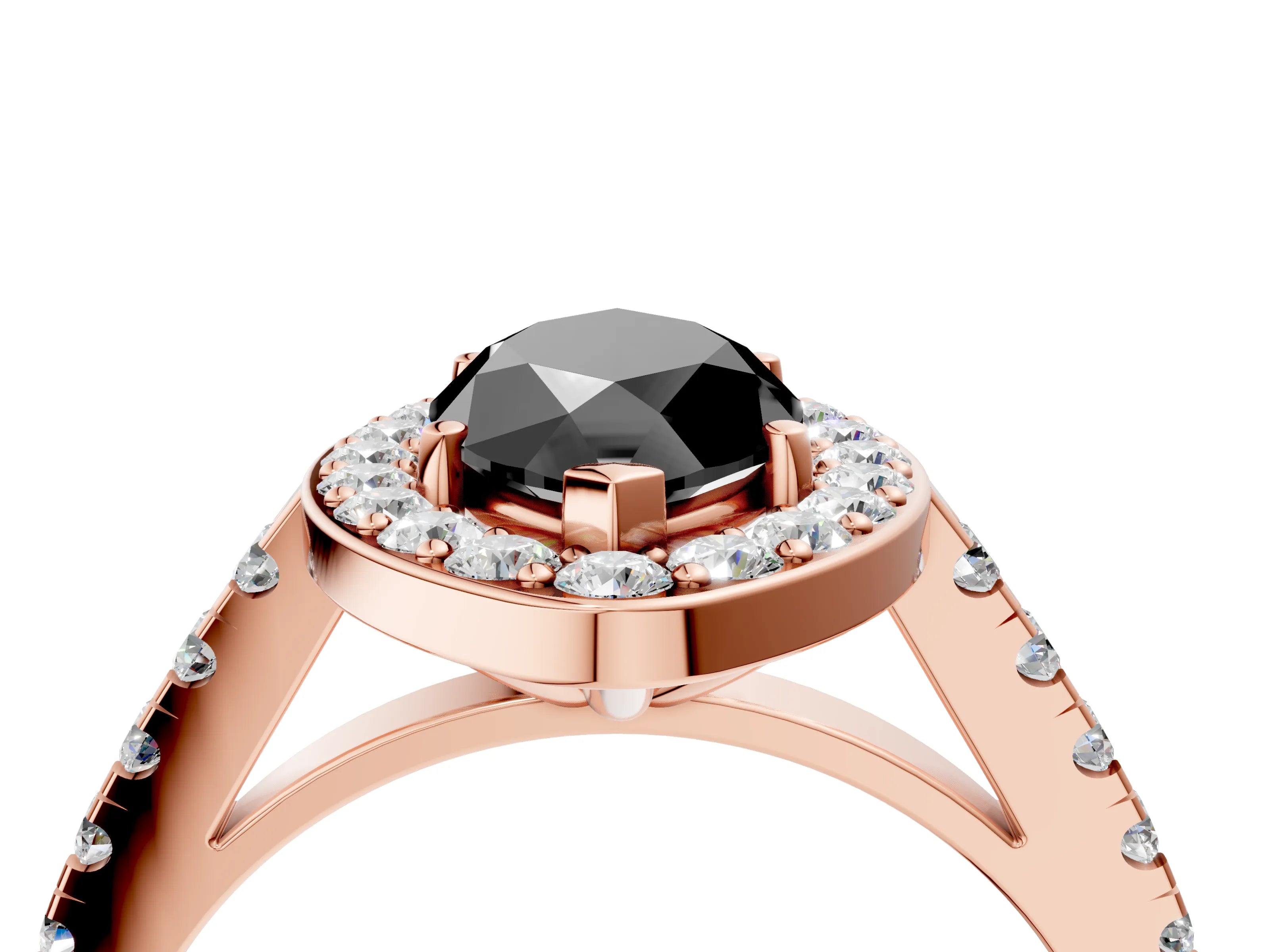 Rose gold Fancy Black Marquise Cut Halo Diamond Ring with Pavé Band and Three-Prong Setting_4