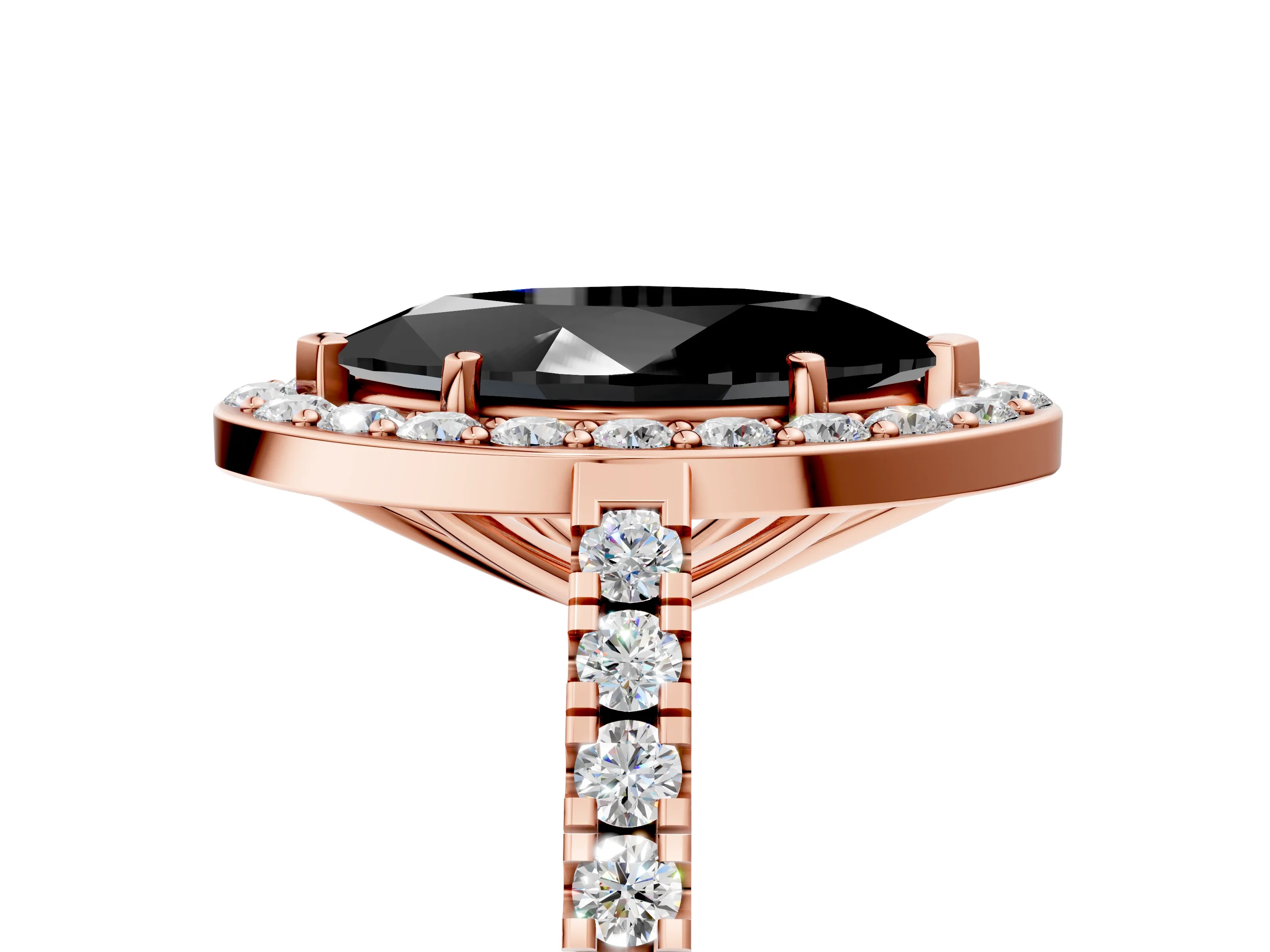 Rose gold Fancy Black Marquise Cut Halo Diamond Ring with Pavé Band and Three-Prong Setting_5