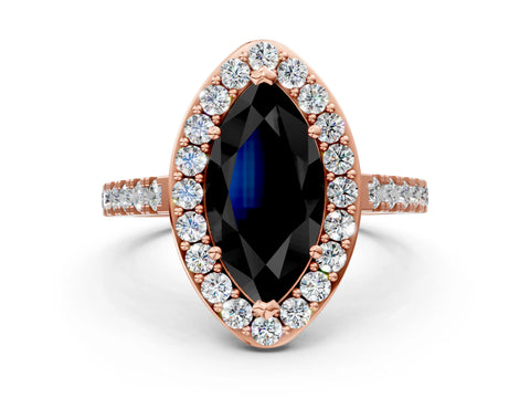 Rose gold Fancy Black Marquise Cut Halo Diamond Ring with Pavé Band and Three-Prong Setting