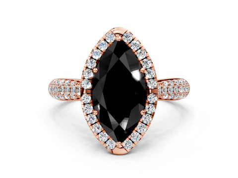 Rose gold Fancy Black Marquise Cut Halo Diamond Ring with Pavé Band
