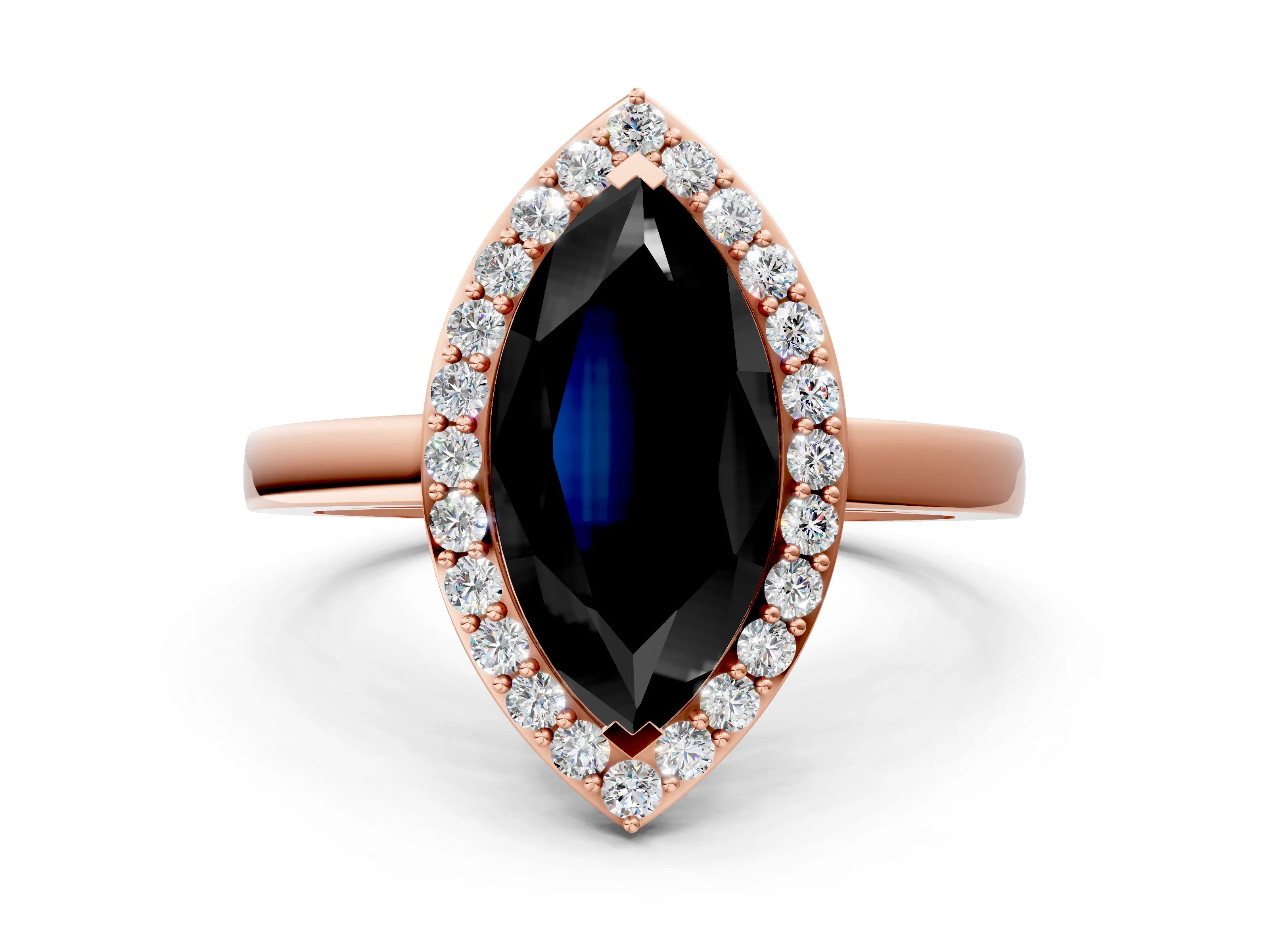 Rose gold Fancy Black Marquise Cut Halo Diamond Ring with Solitaire Band and Prong Setting