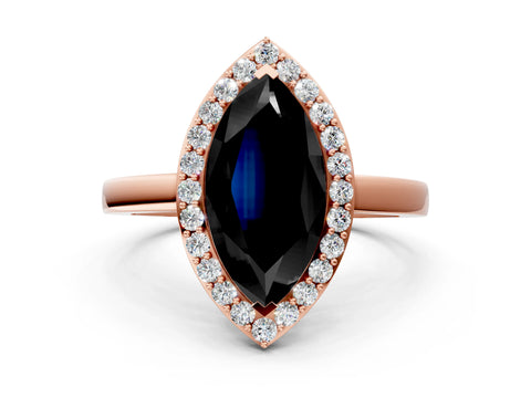 Rose gold Fancy Black Marquise Cut Halo Diamond Ring with Solitaire Band and Prong Setting