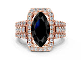 Rose gold Fancy Black Marquise Cut Halo Diamond Ring with Split Shank and Four-Prong Setting