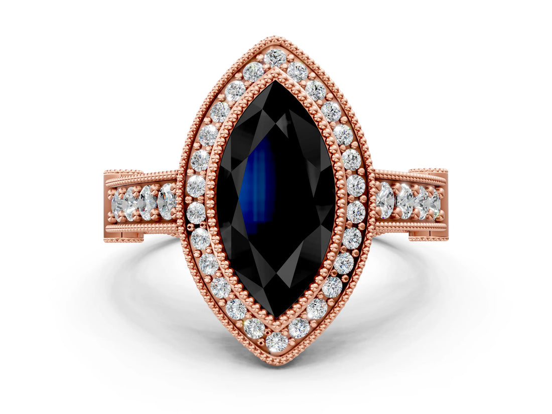 Rose gold Fancy Black Marquise Cut Halo Diamond Split Shank Pave Ring