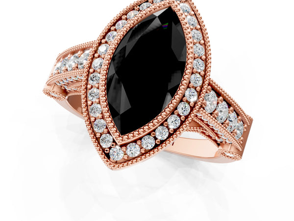 Rose Gold Marquise Vintage Bezel Halo Engagement Ring Setting for Black Center