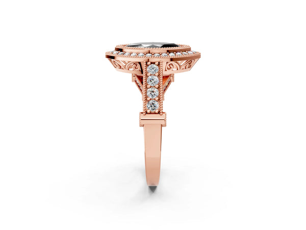 Rose Gold Marquise Vintage Bezel Halo Engagement Ring Setting for Black Center