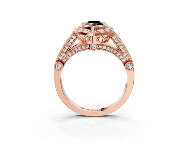 Rose Gold Marquise Vintage Bezel Halo Engagement Ring Setting for Black Center