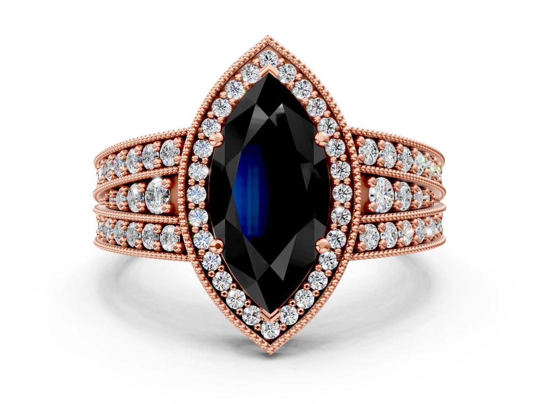 Rose gold Fancy Black Marquise Cut Halo Diamond Split Shank Ring with Prong Setting