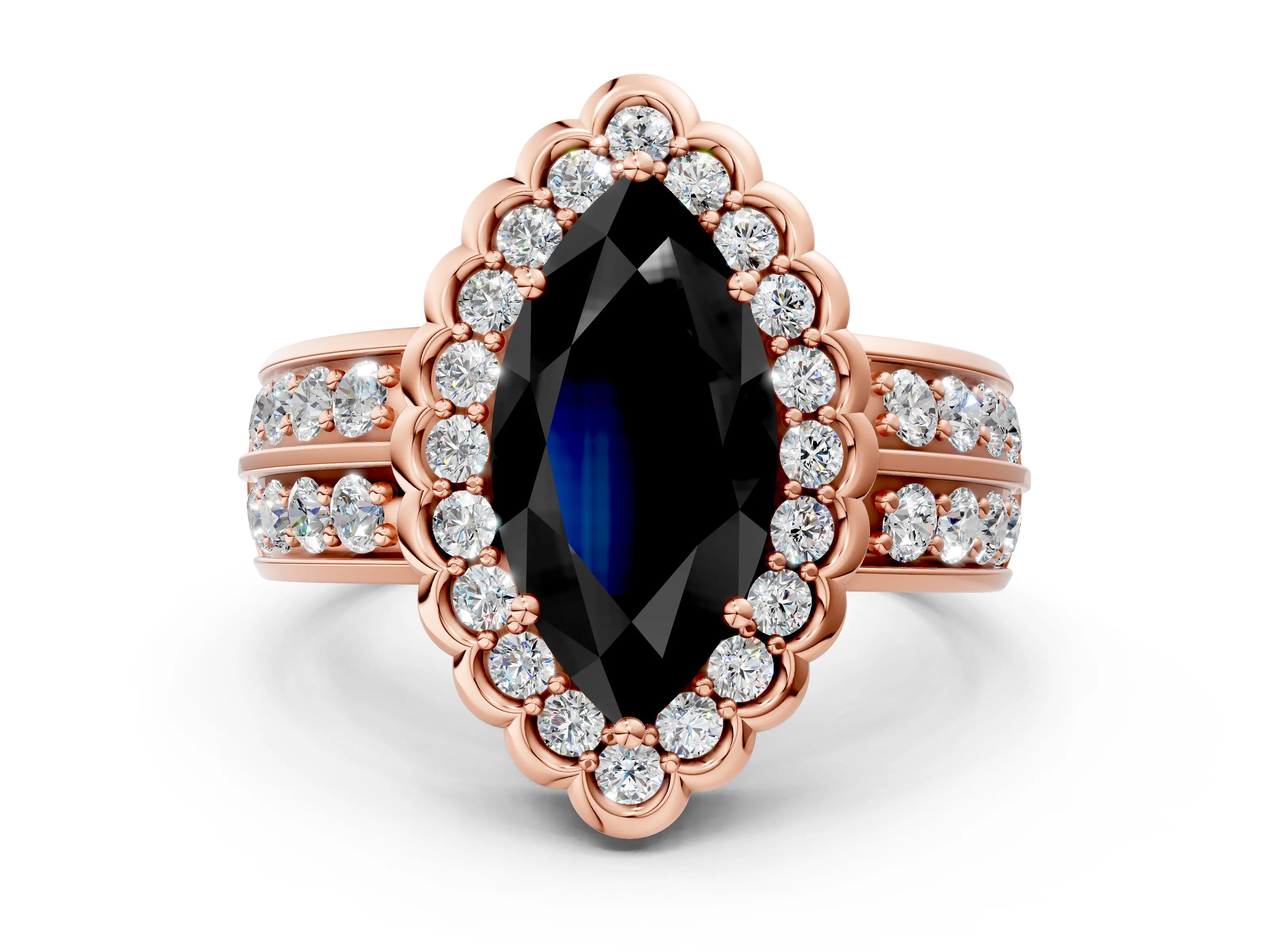 Rose gold Fancy Black Marquise Cut Halo Diamond Split Shank Ring with Scalloped Prong Setting