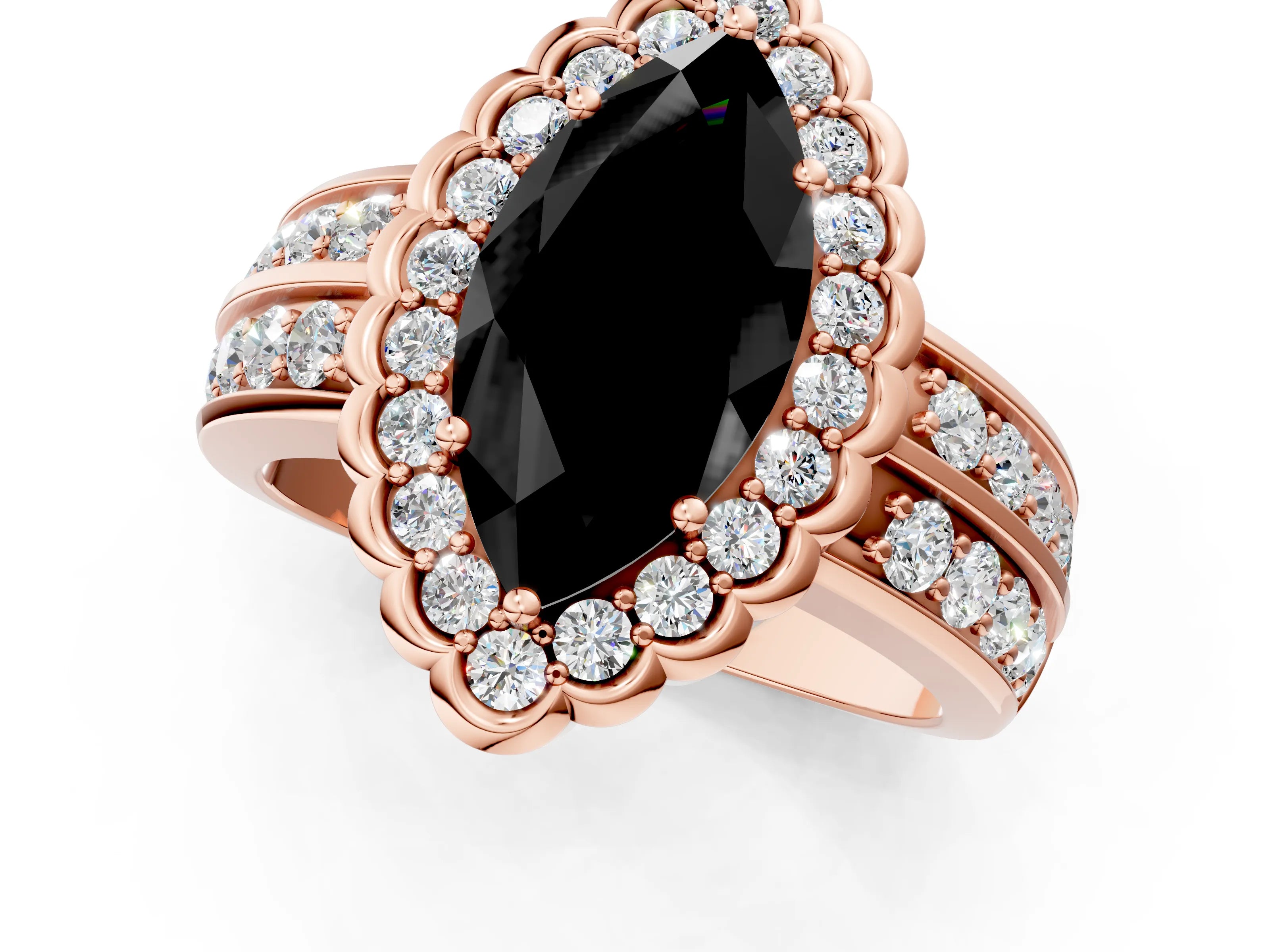 Rose gold Fancy Black Marquise Cut Halo Diamond Split Shank Ring with Scalloped Prong Setting_1