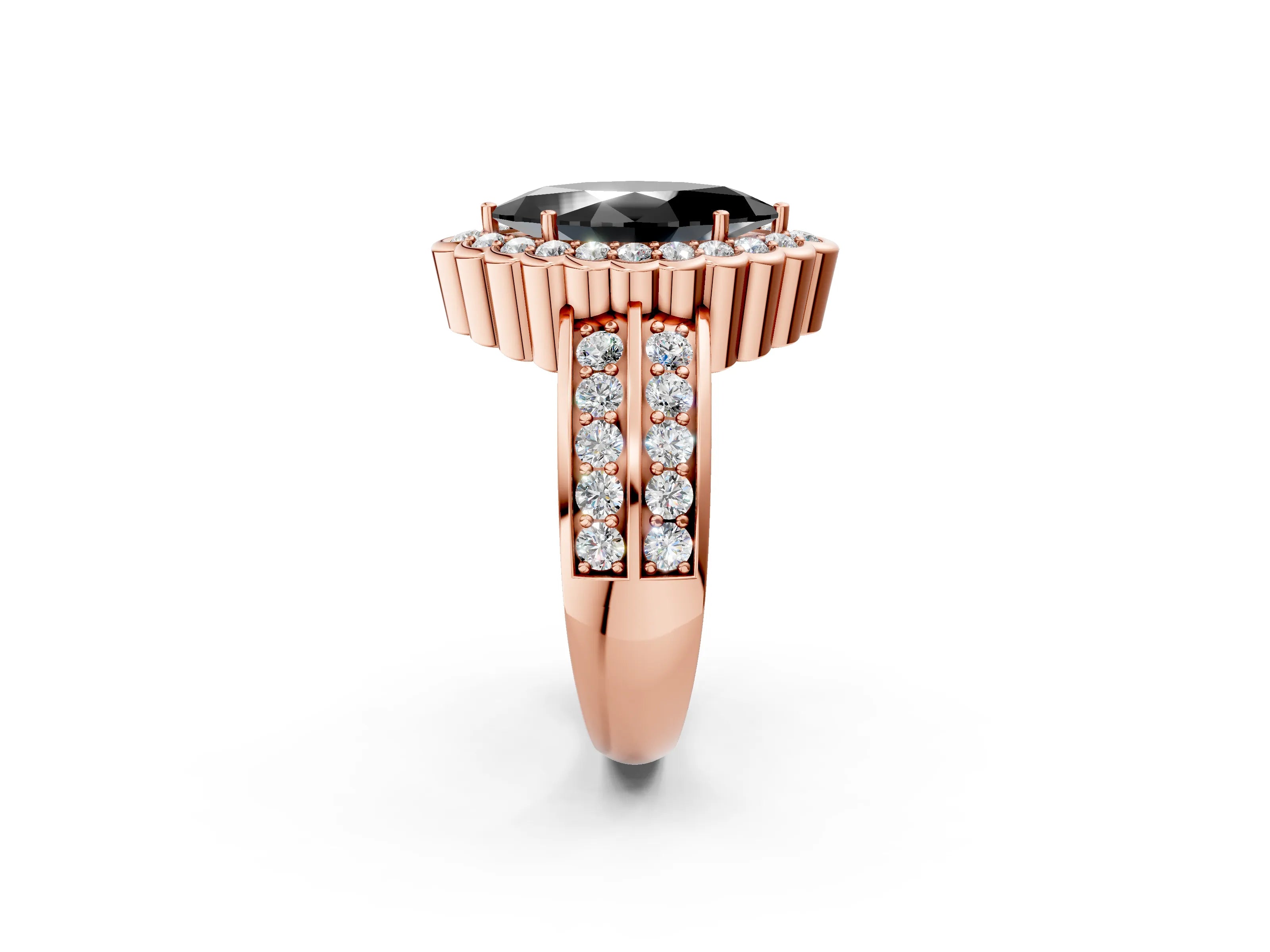 Rose gold Fancy Black Marquise Cut Halo Diamond Split Shank Ring with Scalloped Prong Setting_2