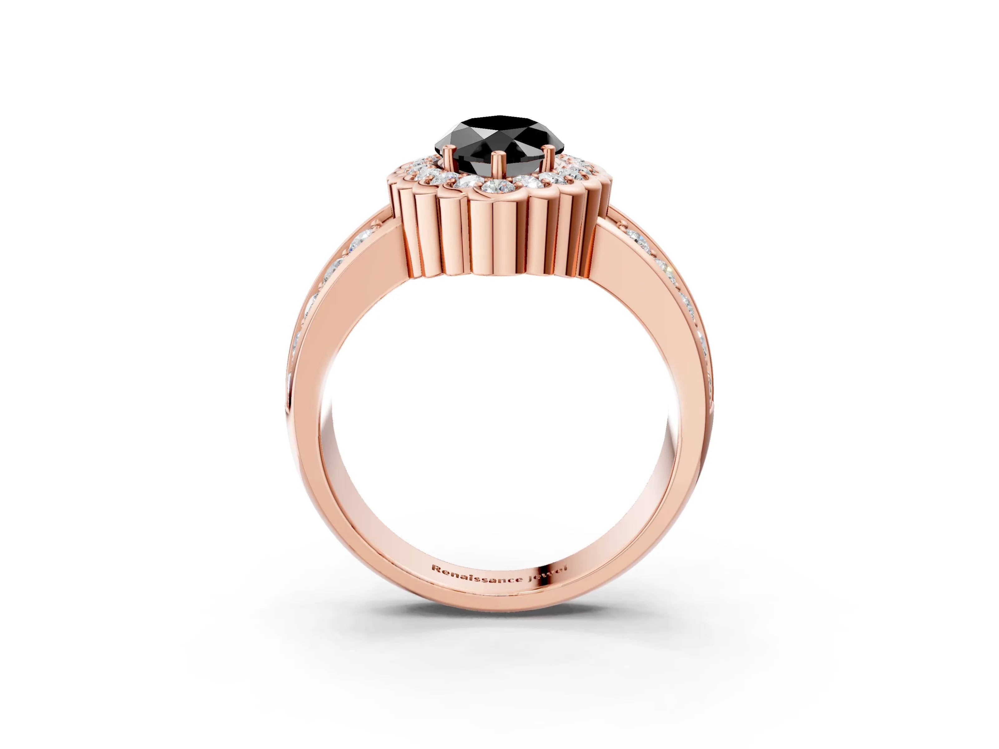 Rose gold Fancy Black Marquise Cut Halo Diamond Split Shank Ring with Scalloped Prong Setting_3