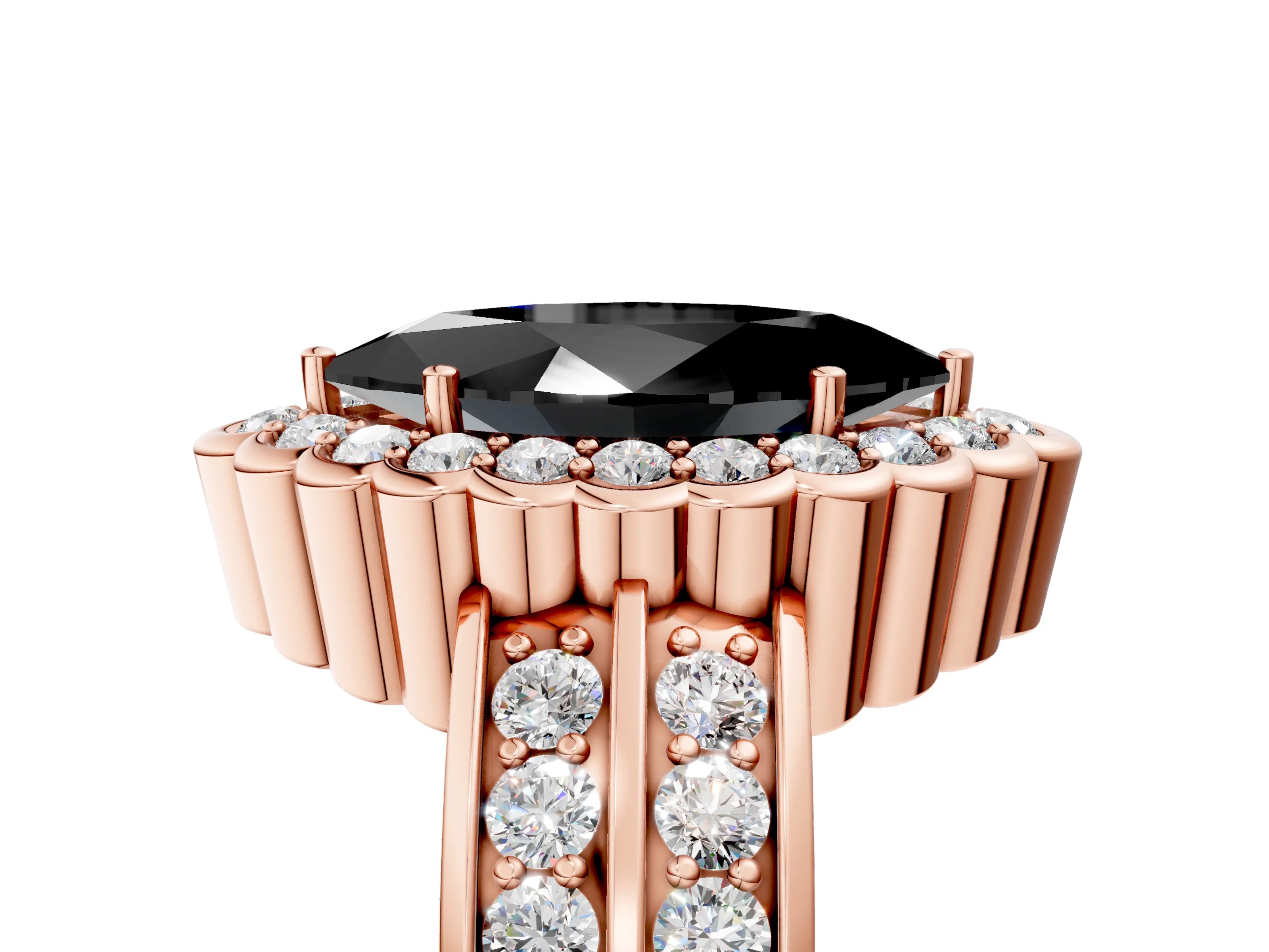 Rose gold Fancy Black Marquise Cut Halo Diamond Split Shank Ring with Scalloped Prong Setting_5