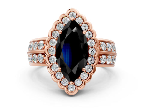 Rose gold Fancy Black Marquise Cut Halo Diamond Split Shank Ring with Scalloped Prong Setting
