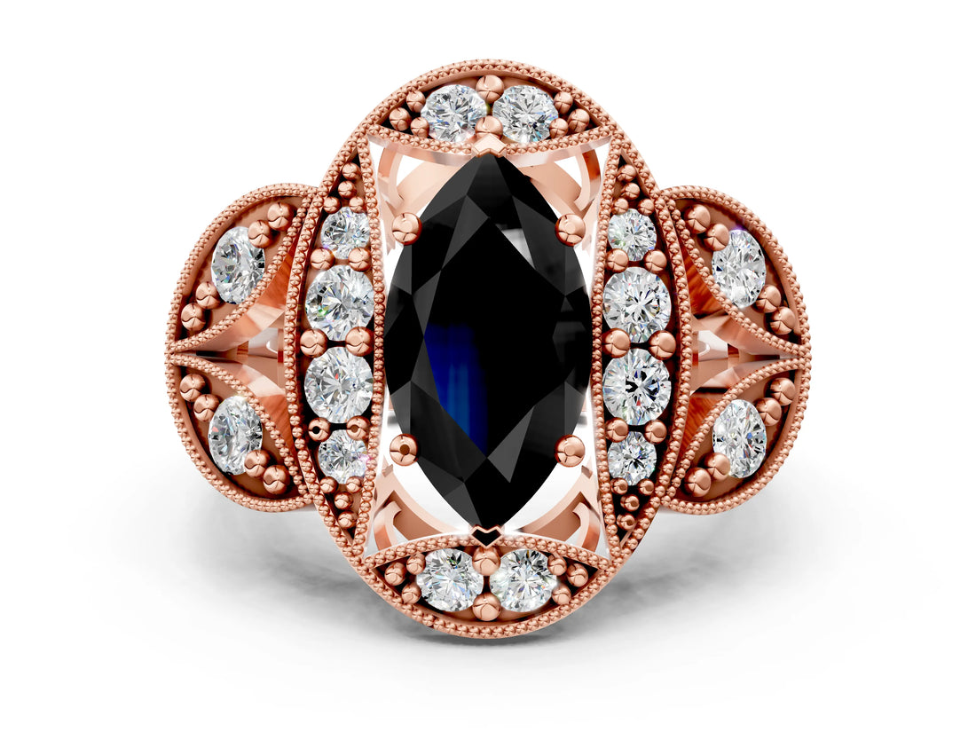 Rose gold Fancy Black Marquise Cut Halo Milgrain Diamond Engagement Ring with Leaf Band and Four-Prong Setting