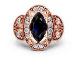 Rose gold Fancy Black Marquise Cut Halo Milgrain Diamond Engagement Ring with Leaf Band and Four-Prong Setting