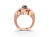 Rose gold Fancy Black Marquise Cut Halo Milgrain Diamond Engagement Ring with Leaf Band and Four-Prong Setting_3