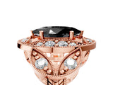 Rose gold Fancy Black Marquise Cut Halo Milgrain Diamond Engagement Ring with Leaf Band and Four-Prong Setting_5