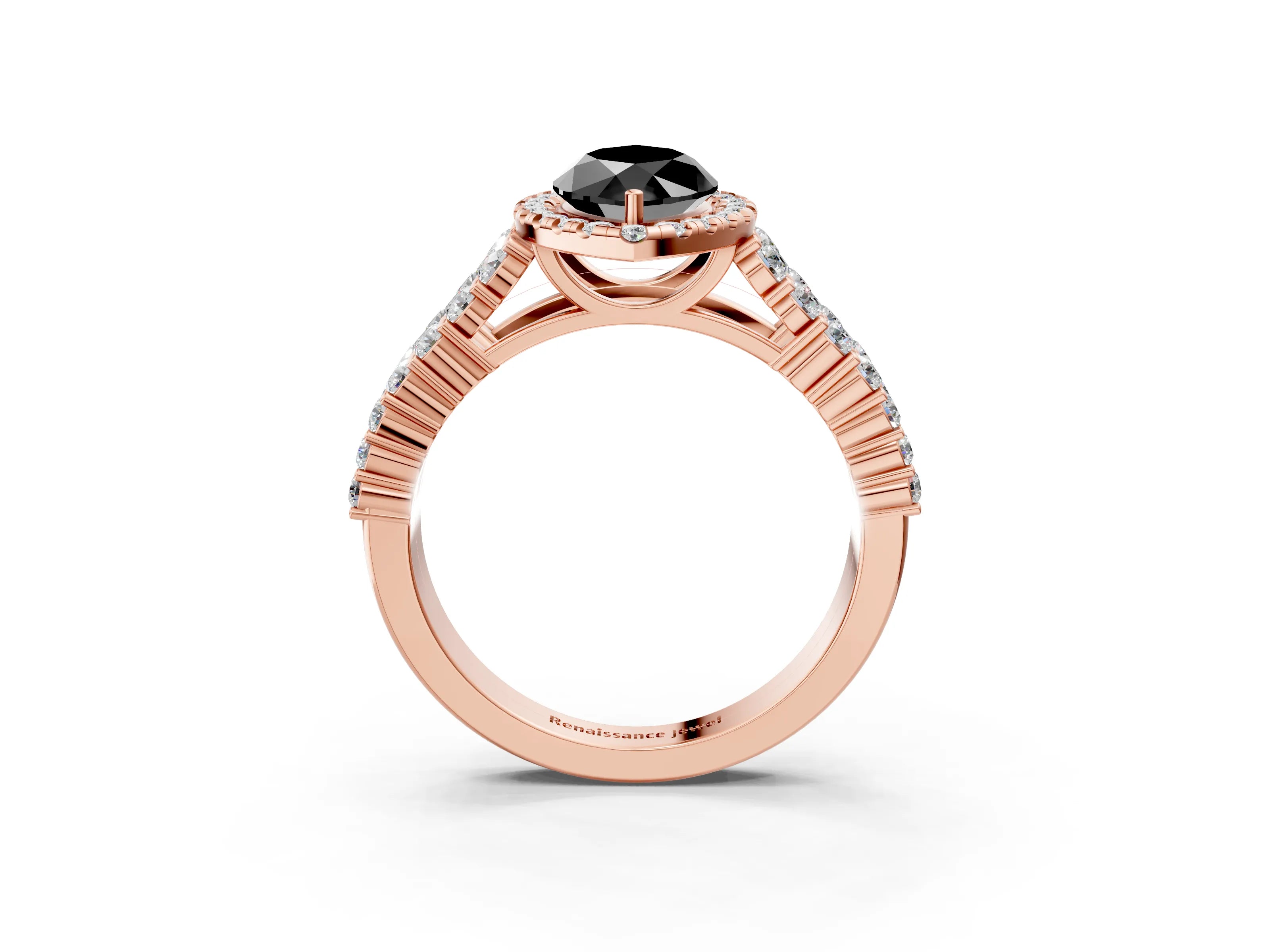 Rose gold Fancy Black Marquise Cut Halo Pavé Diamond Engagement Ring with Split Shank and Four-Prong Setting_6