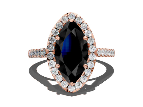 Rose gold Fancy Black Marquise Cut Halo Pave Diamond Engagement Ring with Four-Prong Setting