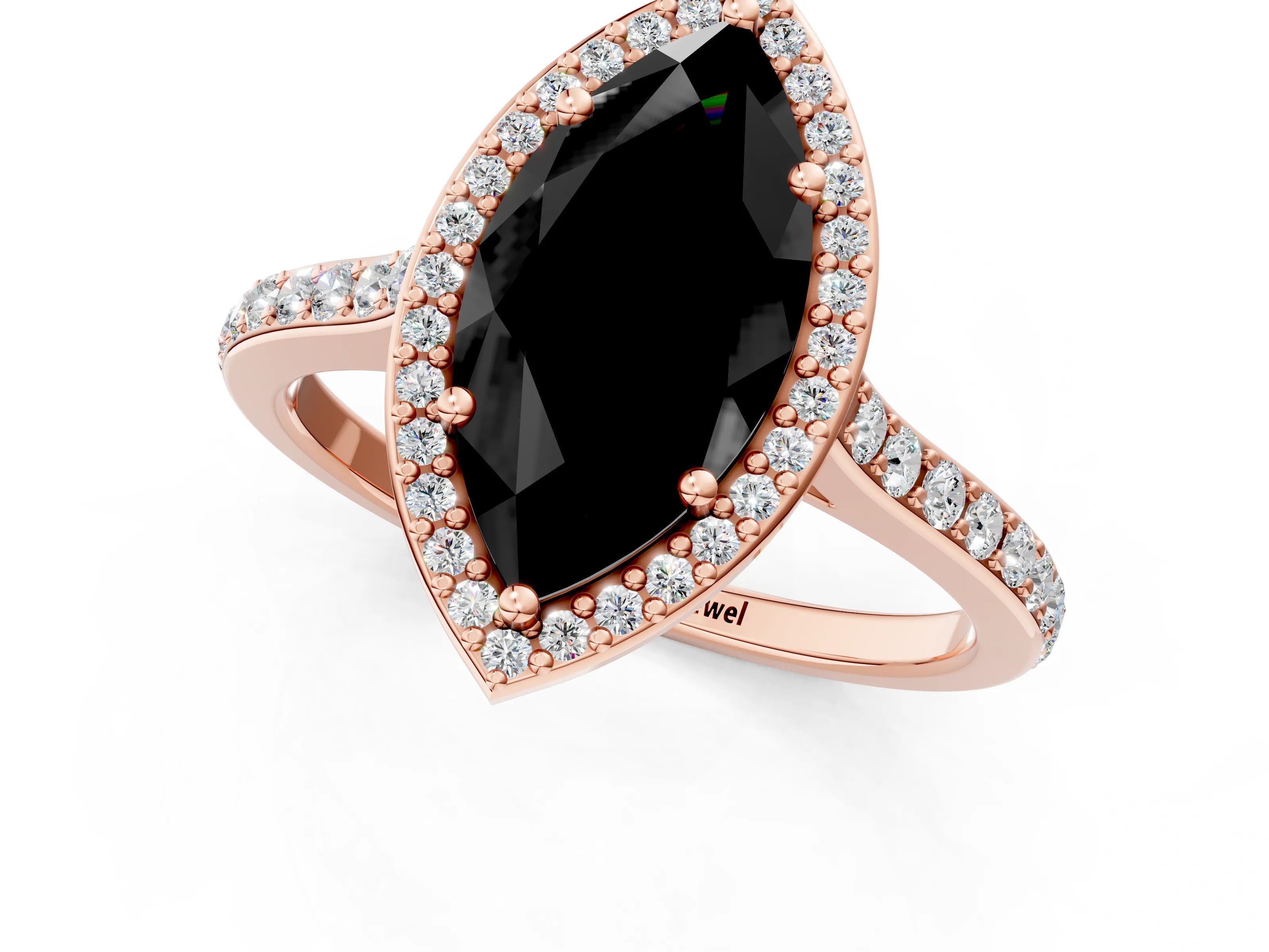 Rose gold Fancy Black Marquise Cut Halo Round Diamond Pavé Band with Four-Prong Setting_4