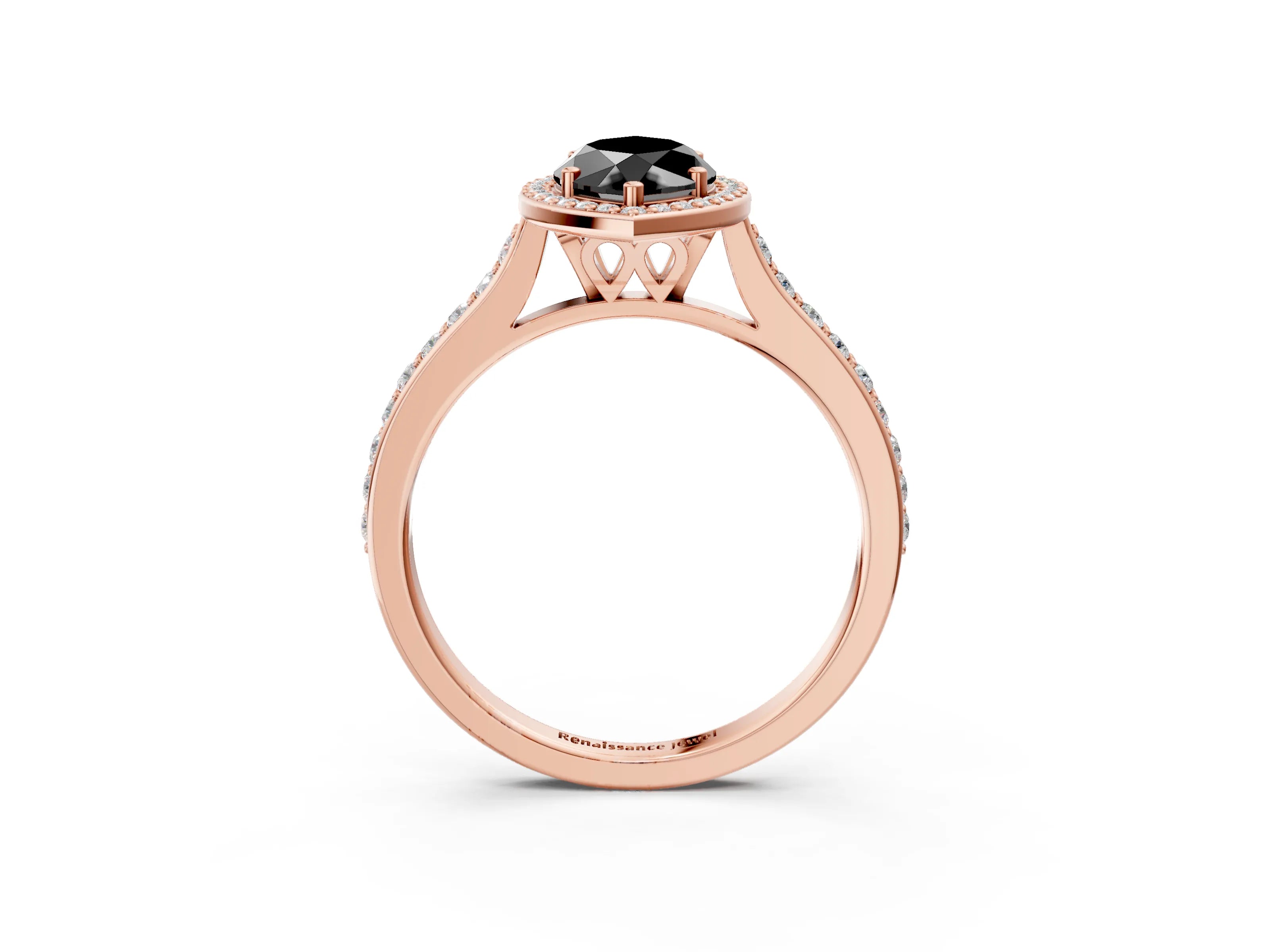 Rose gold Fancy Black Marquise Cut Halo Round Diamond Pavé Band with Four-Prong Setting_6