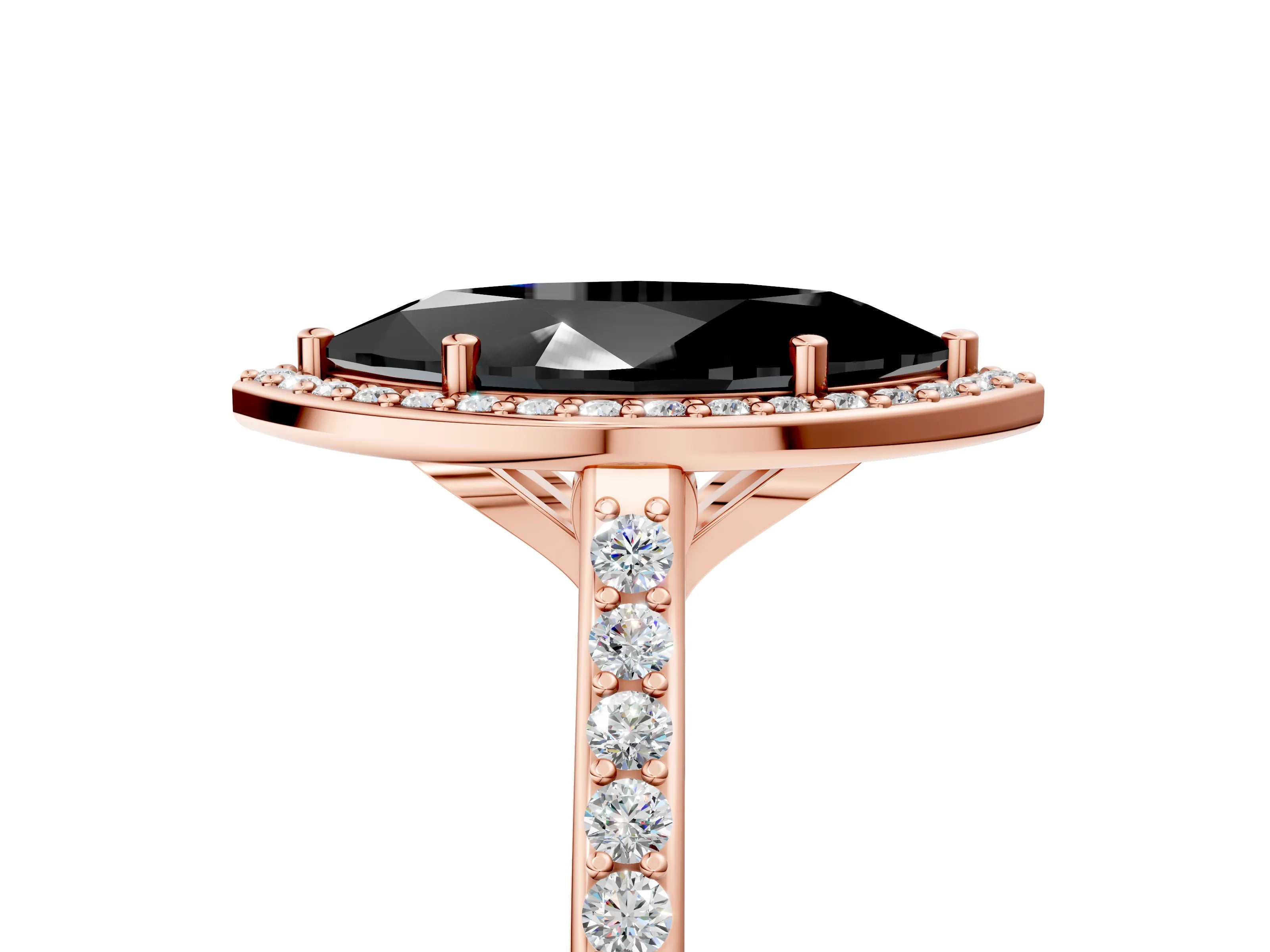 Rose gold Fancy Black Marquise Cut Halo Round Diamond Pavé Band with Four-Prong Setting_8