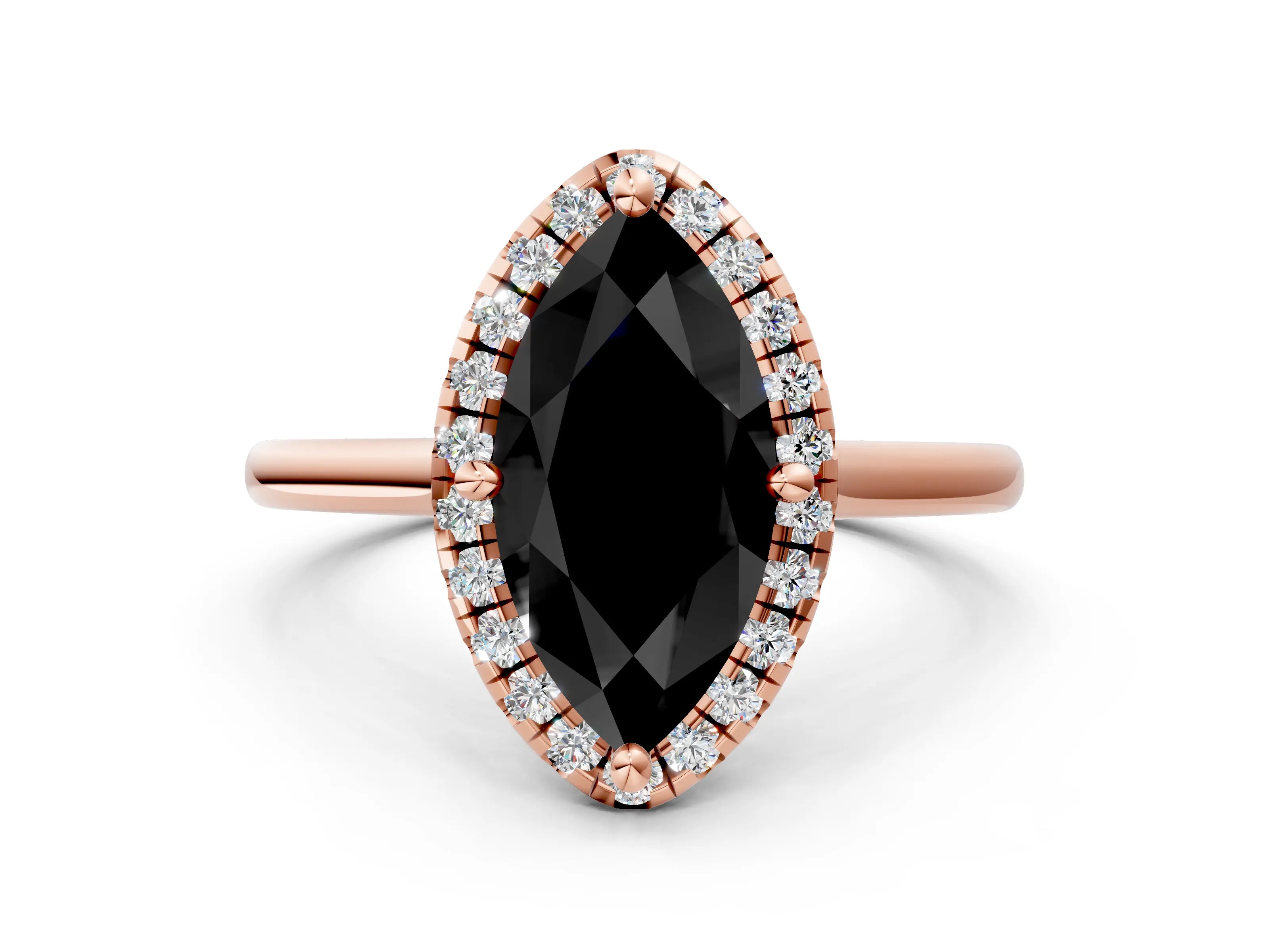 Rose gold Fancy Black Marquise Cut Halo Round Diamond Solitaire Engagement Ring with Pave Band and Four-Prong Setting_12