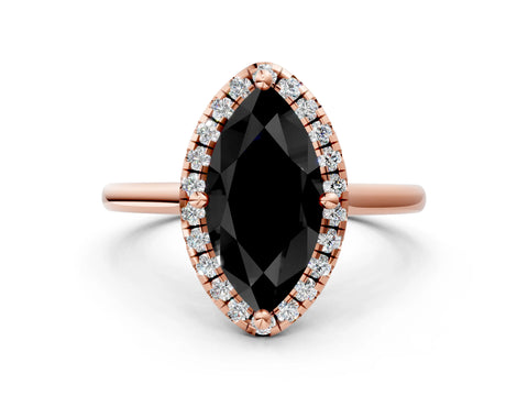 Rose gold Fancy Black Marquise Cut Halo Round Diamond Solitaire Engagement Ring with Pave Band and Four-Prong Setting_12