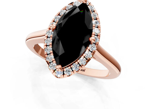 Rose gold Fancy Black Marquise Cut Halo Round Diamond Solitaire Engagement Ring with Pave Band and Four-Prong Setting_13