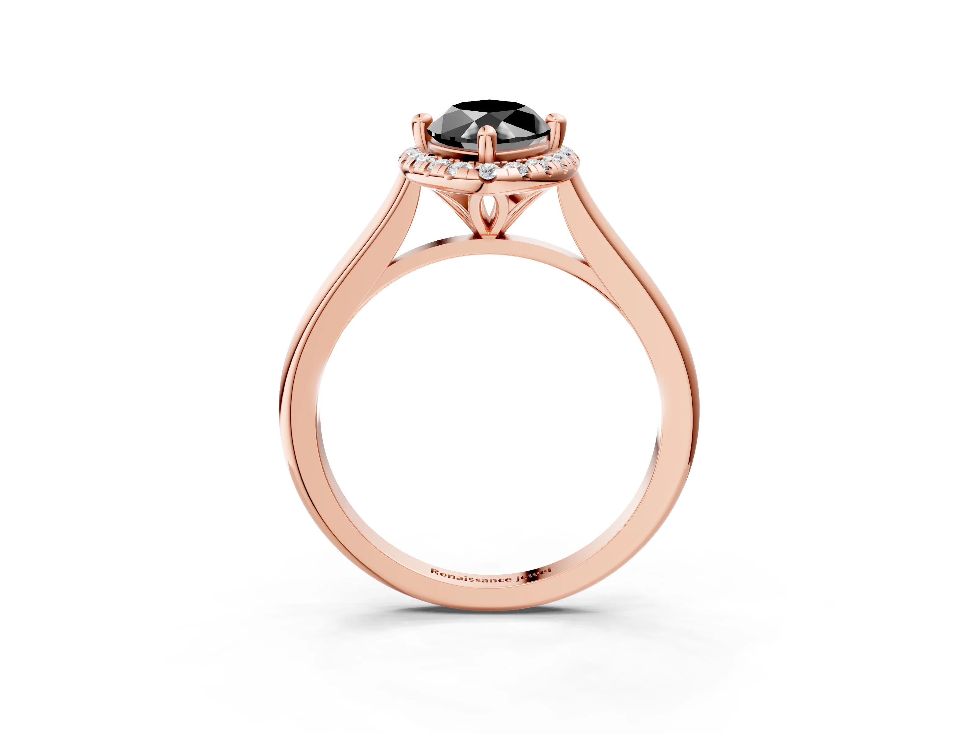 Rose gold Fancy Black Marquise Cut Halo Round Diamond Solitaire Engagement Ring with Pave Band and Four-Prong Setting_15