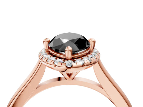 Rose gold Fancy Black Marquise Cut Halo Round Diamond Solitaire Engagement Ring with Pave Band and Four-Prong Setting_16