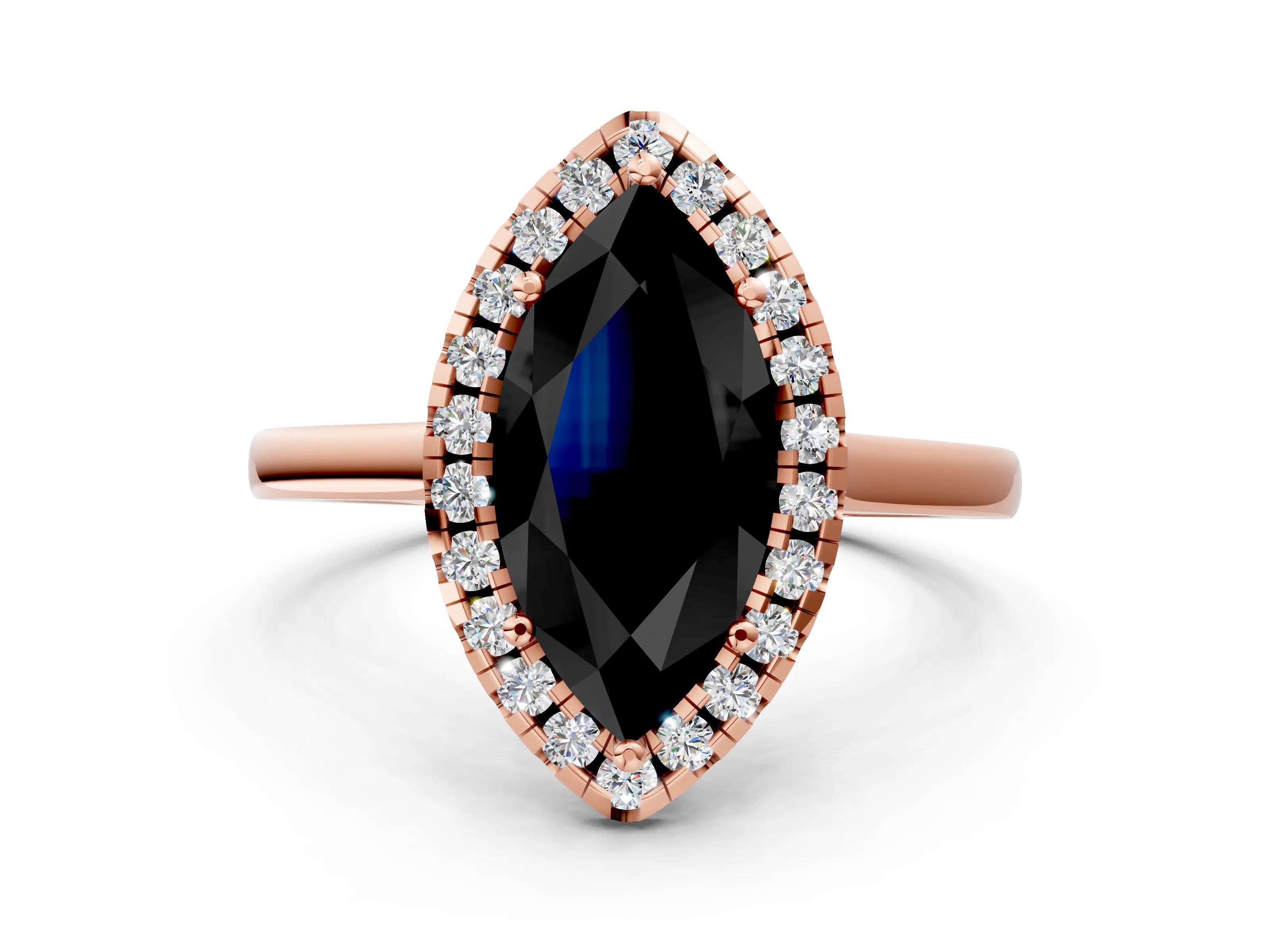 Rose gold Fancy Black Marquise Cut Halo Round Diamond Solitaire Ring with Pavé Band and Four-Prong Setting