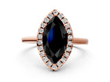 Rose gold Fancy Black Marquise Cut Halo Round Diamond Solitaire Ring with Pavé Band and Four-Prong Setting