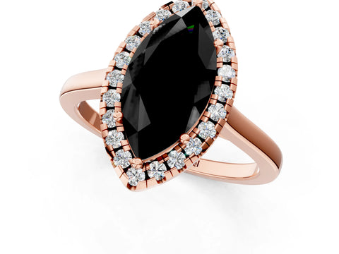 Rose gold Fancy Black Marquise Cut Halo Round Diamond Solitaire Ring with Pavé Band and Four-Prong Setting_1