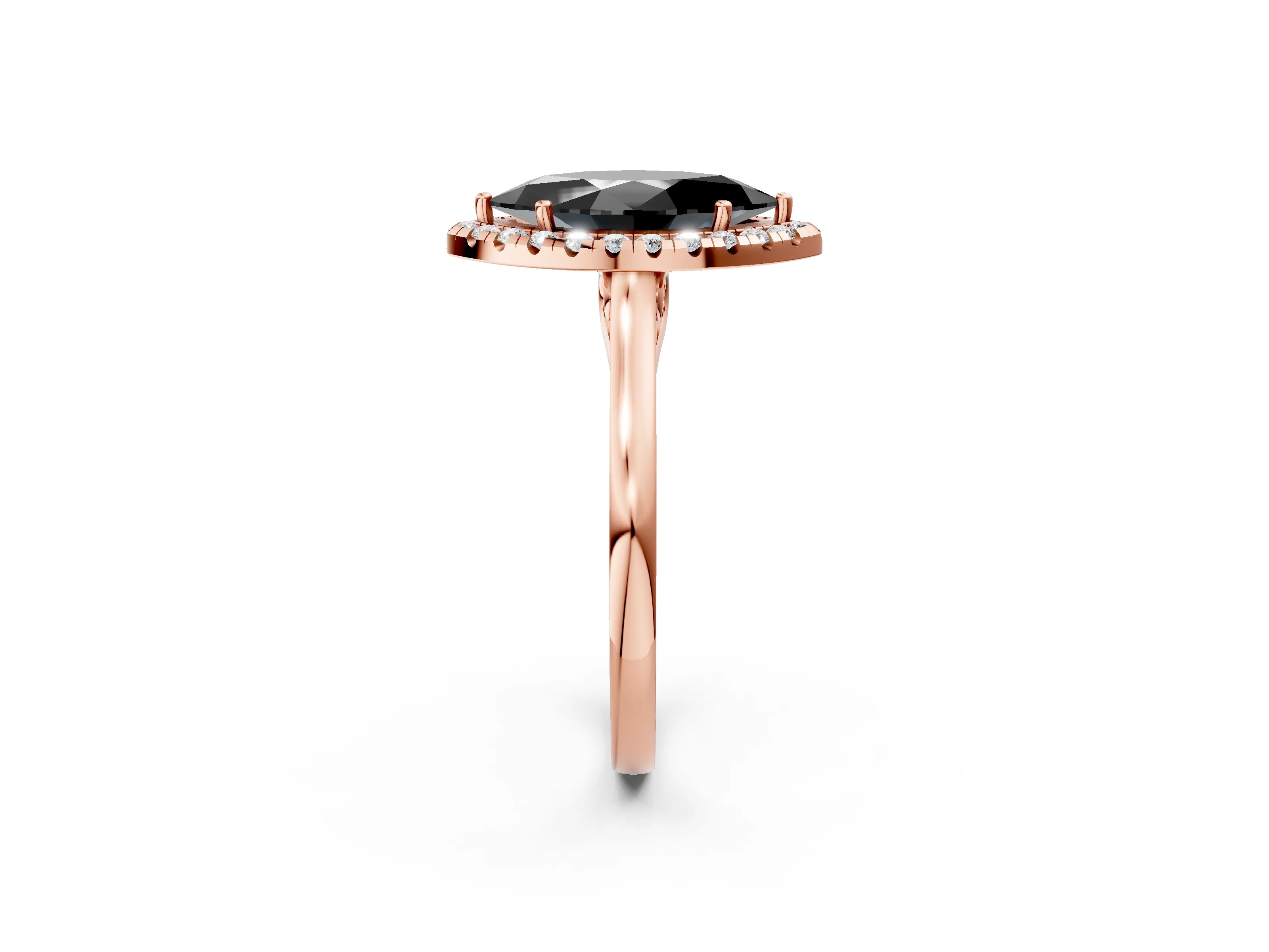 Rose gold Fancy Black Marquise Cut Halo Round Diamond Solitaire Ring with Pavé Band and Four-Prong Setting_2
