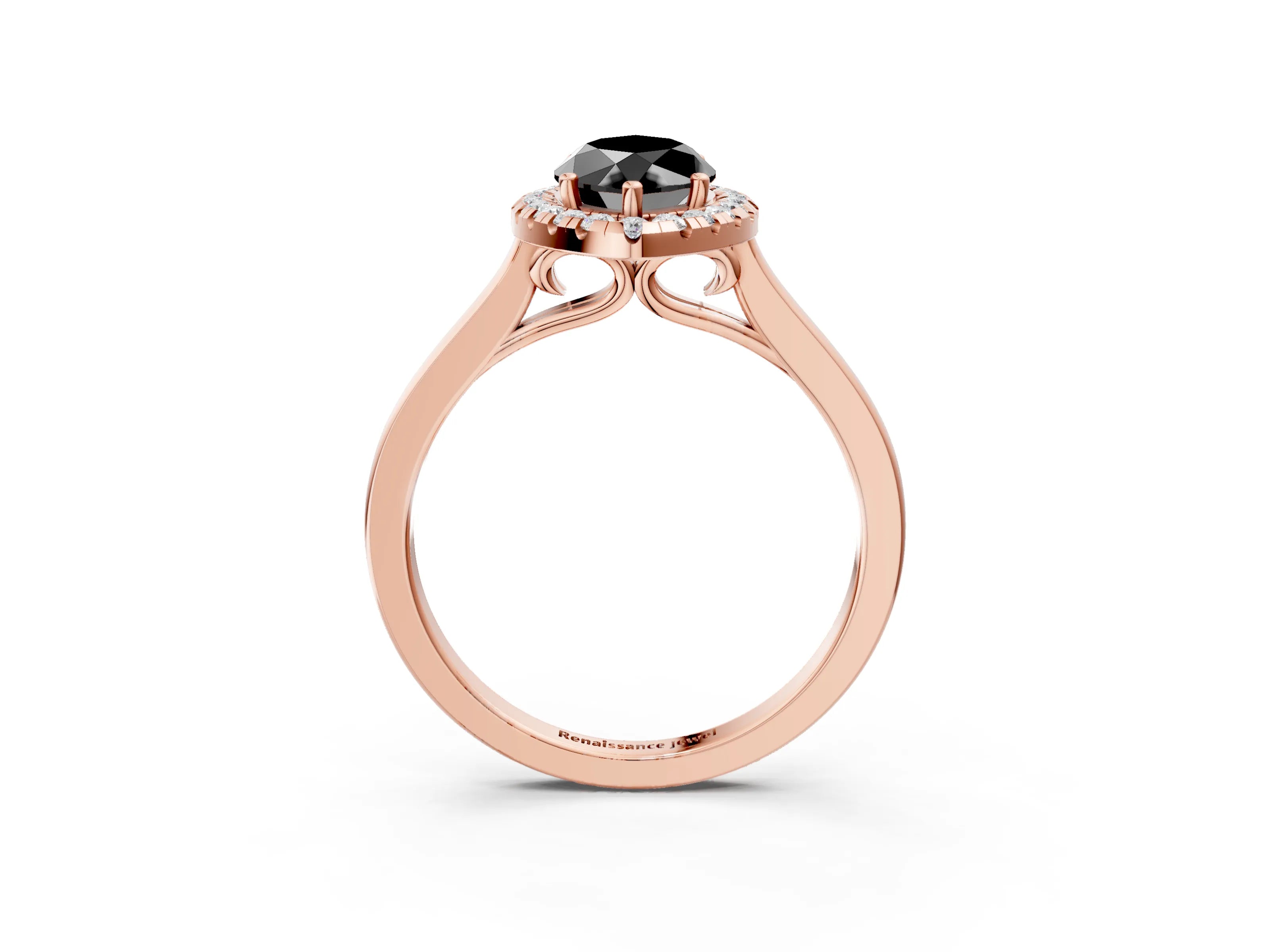 Rose gold Fancy Black Marquise Cut Halo Round Diamond Solitaire Ring with Pavé Band and Four-Prong Setting_3