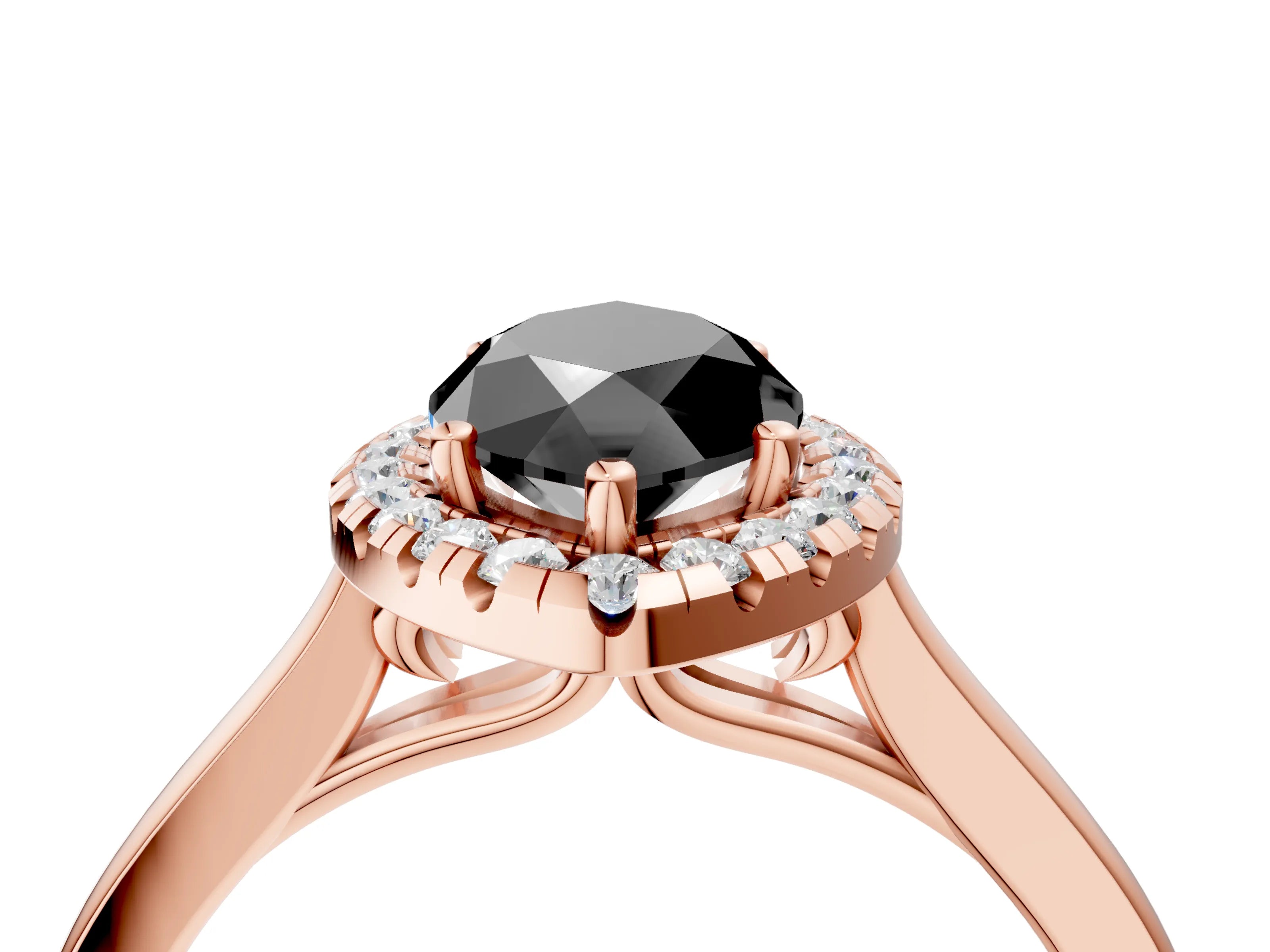 Rose gold Fancy Black Marquise Cut Halo Round Diamond Solitaire Ring with Pavé Band and Four-Prong Setting_4